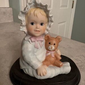 Homco Porcelain Baby with Pink Bow and Brown Teddy Bear